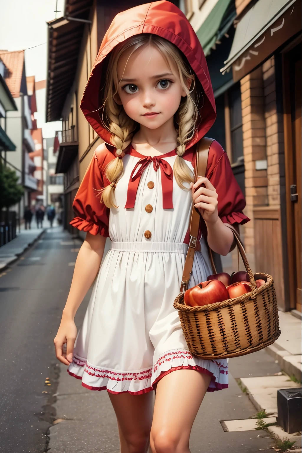女孩打扮好去冒險、打扮成小紅帽、破產、一邊哼著歌一邊走路、看起來很有趣、有一籃蘋果派、拍攝低角度照片