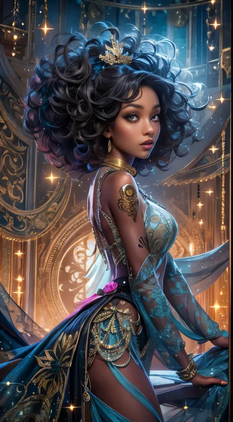 This is fantasy artwork. Generate a beautiful black girl with glossy and curly hair. (Her eyes should be a focal point of the im...