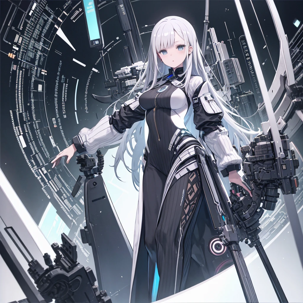 masterpiece、highest quality、High resolution、Very detailed、Medium wide shot、Mature Woman、Mechanical Engineering Background, Black and white color scheme, Inside the spaceship