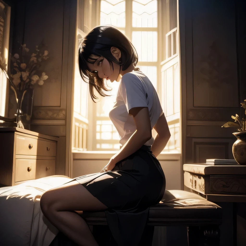 Masterpiece "Obra de Arte" of HuTaoV4: A 1 girl, Alone, Crying in the Night, 8K Extremely Detailed, Soft and Suave, High Resolution, Ultra Quality, Cinematic Lighting, Ambient Occlusion, High Definition, 16K, Anime Style, Detailed Faces, Perfect Composition, Wide Angle Plan, Atmospheric Lighting, Very Attractive, Elevator Skirt, Random Lumbar Angle, No Censorship, NSFW. inspired by HuTaoV4 character from Genshin Impact. The girl is sitting in her room, looking sad and crying