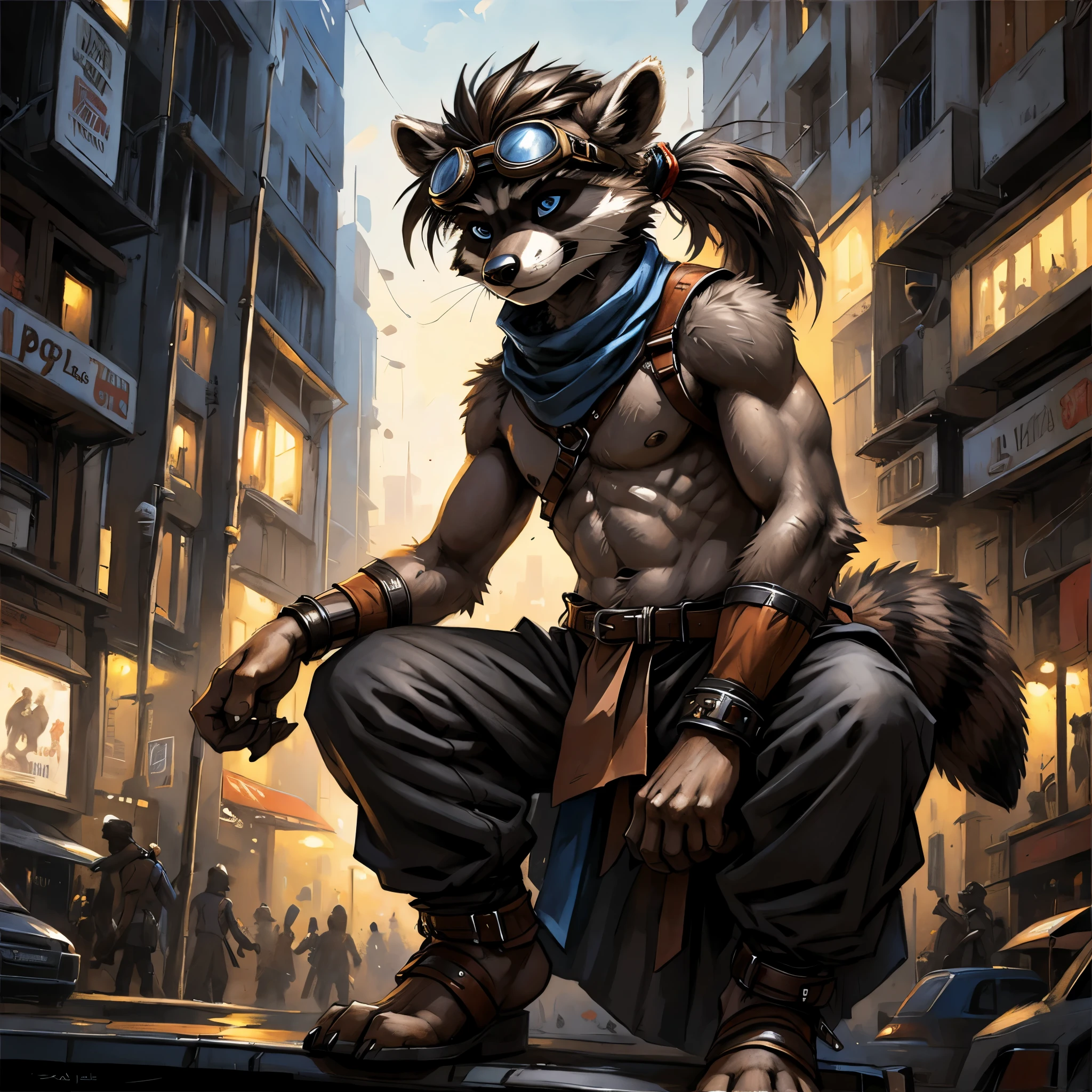 no lighting, deep shadow, dynamic angle, Solo, teen furry, furry, teen, raccoon, grey body, long brown spiked_ponytail, Detailed body fur, long blue scarf, leather_harness, black_loincloth, goggles, masterpiece, gray body, Detailed face, big eyebrows, blue eyes, detailed eyes, No muscles, Detailed hands, Flat body, Skinny, Detailed paws, metal cuffs on wrists, metal cuffs on ankles, black baggy pants, no shirt, crowded city, night, no underwear, sitting, art by kenket