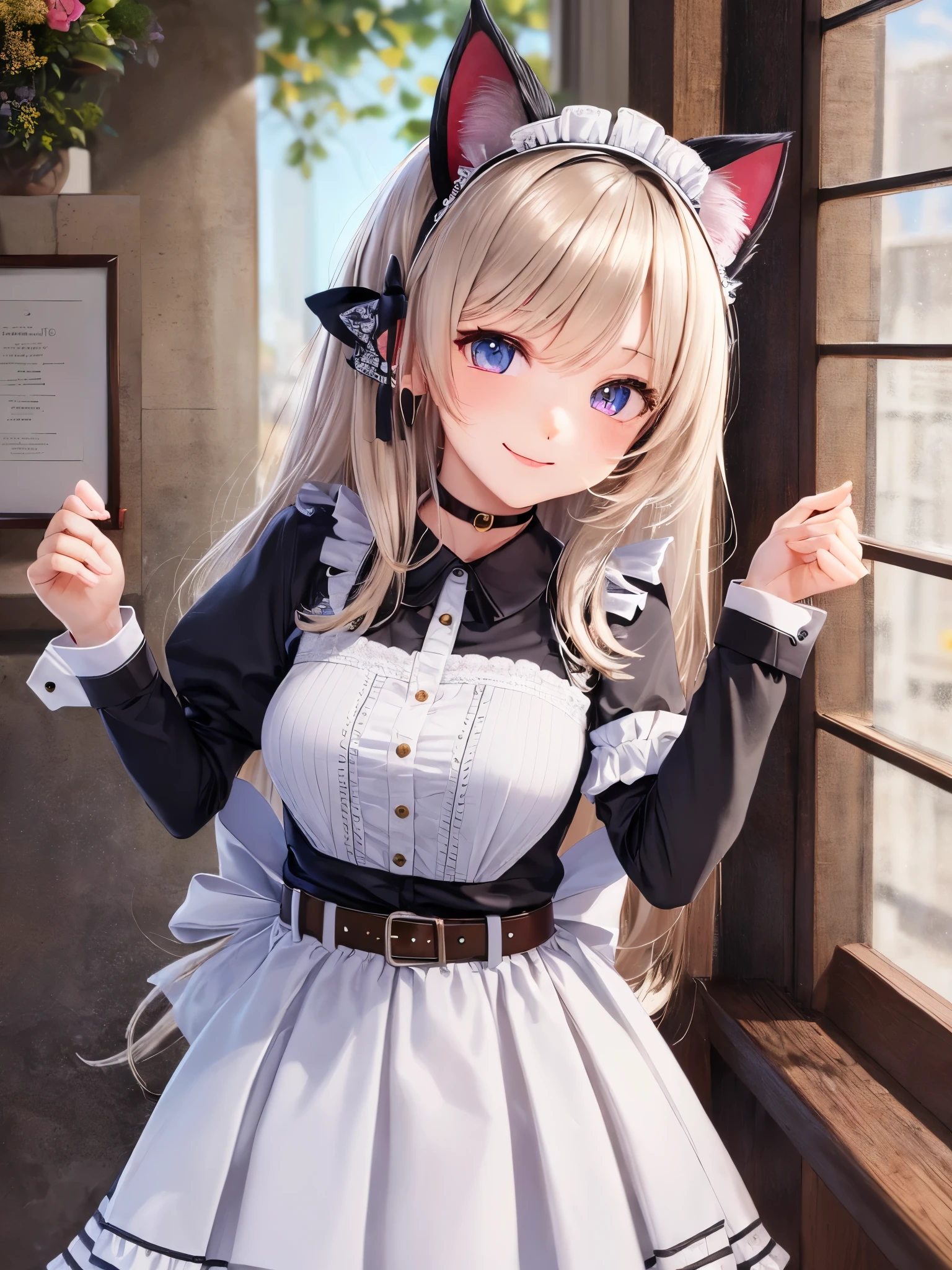 ((highest quality)),(Ultra-high resolution),(Very detailed),(Detailed Description),((The best CG)),(A masterpiece),Ultra-detailed art,Amazing drawing art,(Art with exquisite detail:1.5), (Cat Ear Maid:1.7),(Red belt choker with bells:1.6),(Mini flare skirt:1.3),smile