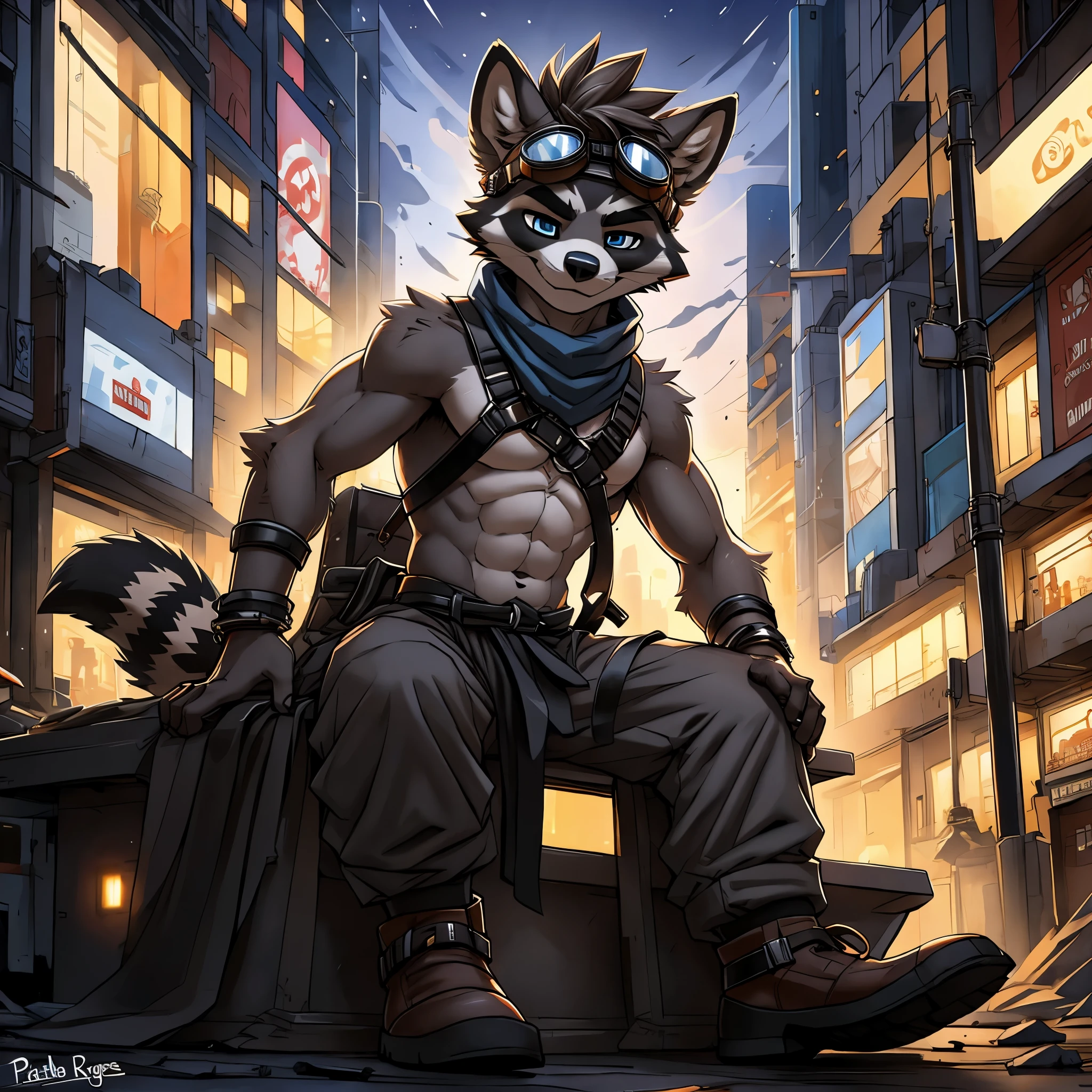 no lighting, deep shadow, dynamic angle, Solo, teen furry, furry, teen, raccoon, grey body, long brown spiked_ponytail, Detailed body fur, long blue scarf, leather_harness, black_loincloth, goggles, masterpiece, gray body, Detailed face, big eyebrows, blue eyes, detailed eyes, No muscles, Detailed hands, Flat body, Skinny, Detailed paws, metal cuffs on wrists, metal cuffs on ankles, black baggy pants, no shirt, crowded city, night, no underwear, sitting, art by pache_riggs