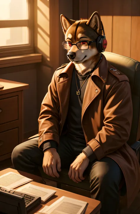 furry，male black shiba inu，black fur，blood red eyes，wearing single-rimmed glasses，artist，wearing a trench coat，put on your headp...