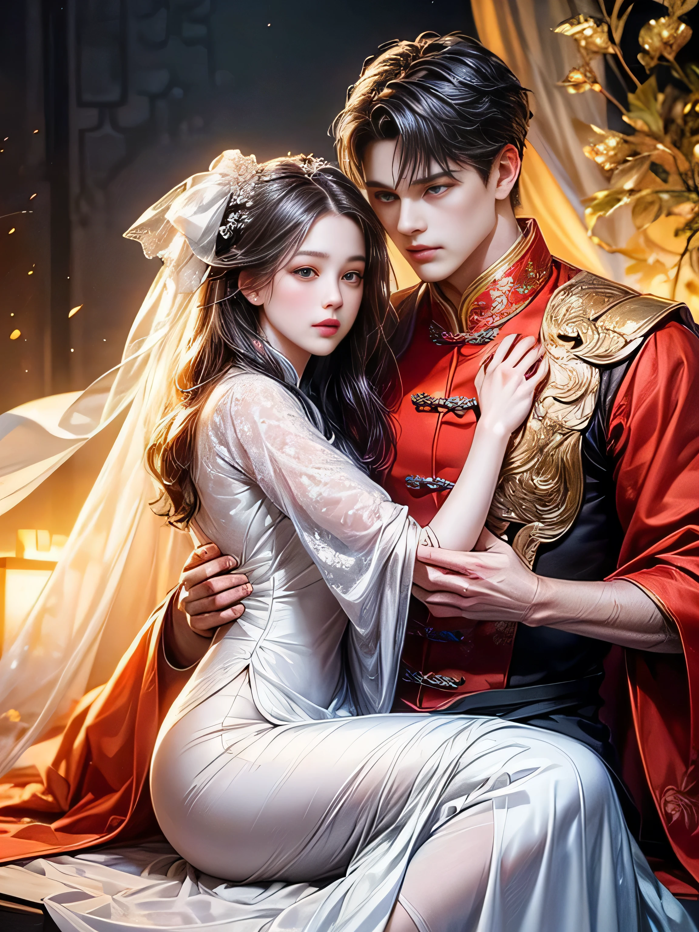 桃園裡一對男女擁抱的照片, 穿著婚紗, Peach Garden 詳細的 background, xianxia fantasy, jingna zhang, 遊戲CG, wuxia, 靈感來自陳逸飛, xianxia, xianxia hero, 2.5 D CGI 動漫奇幻藝術作品, heise jinyao, 中国幻想, 美麗的唐朝渲染, heise-lian yan fang, 8k角色細節, 高品質動漫藝術, 高品質插圖, 詳細的 anime wallpapers, 詳細的 anime art, 超現實的, 優雅的, 高品質逼真的動漫藝術, (複雜而美麗的裝飾 [細節密集]), ((精确绘制的眼睛))[Perfect eyes 詳細的((美麗的眼睛就像寶石一樣)虹膜的細節繪製得非常精確)[清晰描繪的學生]],[眼睛亮[眼睛的精確照明]],[又長又漂亮的睫毛],[精確繪製的頭髮 [Beautiful and lustrous hair 詳細的]], (Perfectly hand 詳細的 [美麗的手指，無損傷 [美麗的指甲]]),(完美的解剖結構(完美平衡的比例))[[全身肖像]],[理想的色彩協調(準確模擬光與材料的相互作用)],([精密細節](詳細的,高美好的)),[說故事的視覺藝術],((最好的品質)美好的[[高密度拉絲]])(4K畫質)