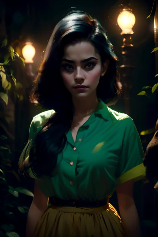 cinematográfico film still of dramatic, cinematográfico, sombra, partially covered in sombra, uma mulher com cabelo comprido e uma camisa verde estilo Iluminação Rembrandt, 1 garota, Sozinho, pelo largo, olhando para o espectador, camisa, pelo negro, boca cerrada, Parte superior do corpo, chifres, olhos pretos, lábios, retrato, realista, green camisa, Horror (tema), profundidade superficial de campo, viñeta, Muito detalhado, alto orçamento, bokeh, cinemascópio, temperamental, épico, maravilhoso, grão de filme, granulado