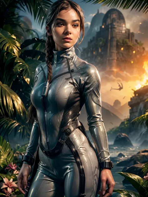 arafed woman as Lara Croft Tomb Raider，(wearing a grey silver pvc turtleneck wetsuit:1.3), posing in an ancient Mayan lagoon, ju...