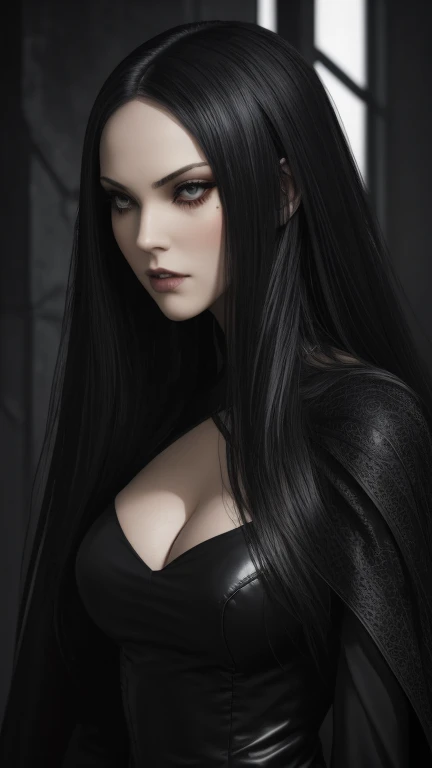 masterpiece, Ultra realistic, 16k, high quality, incredibly detailed, nightmare aesthetic, nightmare atmosphere, cinematic, work of art, (sharp focus: 1.5), (photorealistic: 1.3), featured (Beautiful girl), a captivating image of a vampire (girl) that combines allure and mystique. Tall and gorgeous, goth makeup. A vampire from within the confines of a dark gothic castle. Its appearance is both seductive and sinister, a seductive incarnation of the night. Long pale-obsidian Messy hair, framing her pale, alabaster skin that seems to glow ethereally. Her attire is gothic, a perfect fusion of dark allure and a figure-hugging silhouette that highlights her voluptuous form. Red eyes, her eyes are like red orbs of intense of sinister light. The vampire's sharp fangs, gleaming against his ivory complexion, hint at his predatory nature and his otherworldly beauty. realistic skin texture, pale-white skin illuminated. realistic perfect shading. absurdres, realistic textures. solo, alone, 1girl. tall. looking at viewer. female muscular body, toned body, defined muscles. realistic natural breasts, cleavage. pantyhose, black dress with golden details (realistic texture). standing, different positions at different angles. Night background. unbelievably real, best quality, Photorealistic.