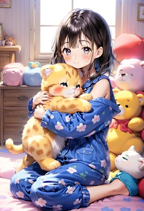 Rebecca Miyamoto, blue pajamas, yellow slippers, sitting on a large teddy bear, hugging a stuffed kitten, dynamic view, full bod...