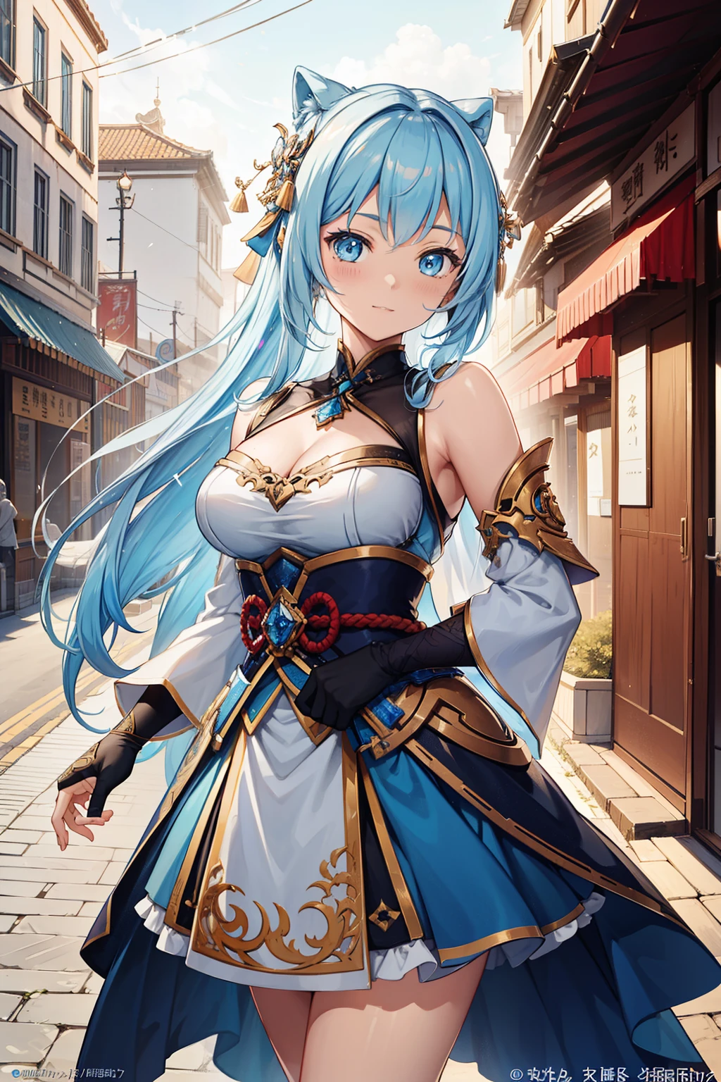 Beautiful manga characters, standing proudly on bustling city streets, inspired by Hong Ren's iconic portrait, their popularity resonating in CG society. Dusk settles in, casting a soft glow over the scene, as Koqing from Genshin Impact dons silver ice reflective armor, accented with a calming blue hue. Ayaka, her counterpart, adorns blue and ice silver armor, embodying a serene and otherworldly presence. Ultra-detailed rendering in 8K resolution, HDR enabled, capturing every intricate line and texture. Atmospheric lighting illuminates their figures, clean lines and sharp focus emphasizing the intricacy of