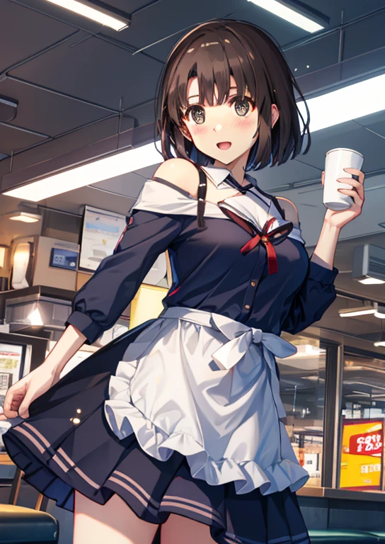 Mirai Kasuga, (highest quality, 8k, masterpiece, Very detailed:1.2), (Lens flare, Particles of light, Shine), Big Breasts, smile, Open your mouth, masterpiece, highest quality, Very detailed, High resolution, Very detailedなCG, (Official Art), Off the shoulder, waitress, (Embarrassing:1.1), (blush:1.2), Open your mouth, (shout:1.1), (Moving lines:1.1),  blue sky, family restaurant, Cowboy Shot