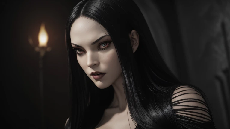 masterpiece, Ultra realistic, 16k, high quality, incredibly detailed, nightmare aesthetic, nightmare atmosphere, cinematic, work of art, (sharp focus: 1.5), (photorealistic: 1.3), featured (Beautiful girl), a captivating image of a vampire (girl) that combines allure and mystique. Tall and gorgeous, goth makeup. A vampire from within the confines of a dark gothic castle. Its appearance is both seductive and sinister, a seductive incarnation of the night. Long pale-obsidian Messy hair, framing her pale, alabaster skin that seems to glow ethereally. Her attire is gothic, a perfect fusion of dark allure and a figure-hugging silhouette that highlights her voluptuous form. Red eyes (evil eyes look), her eyes are like red orbs of intense of sinister light. The vampire's sharp fangs, gleaming against his ivory complexion, hint at his predatory nature and his otherworldly beauty. realistic skin texture, pale-white skin illuminated. realistic perfect shading. absurdres, realistic textures. solo, alone, 1girl. tall. looking at viewer. female muscular body, toned body, defined muscles. realistic natural breasts, cleavage. pantyhose, (a black) darkness queen dress adorned in gold (realistic texture). Different positions at different angles. Night background. unbelievably real, best quality, Photorealistic.