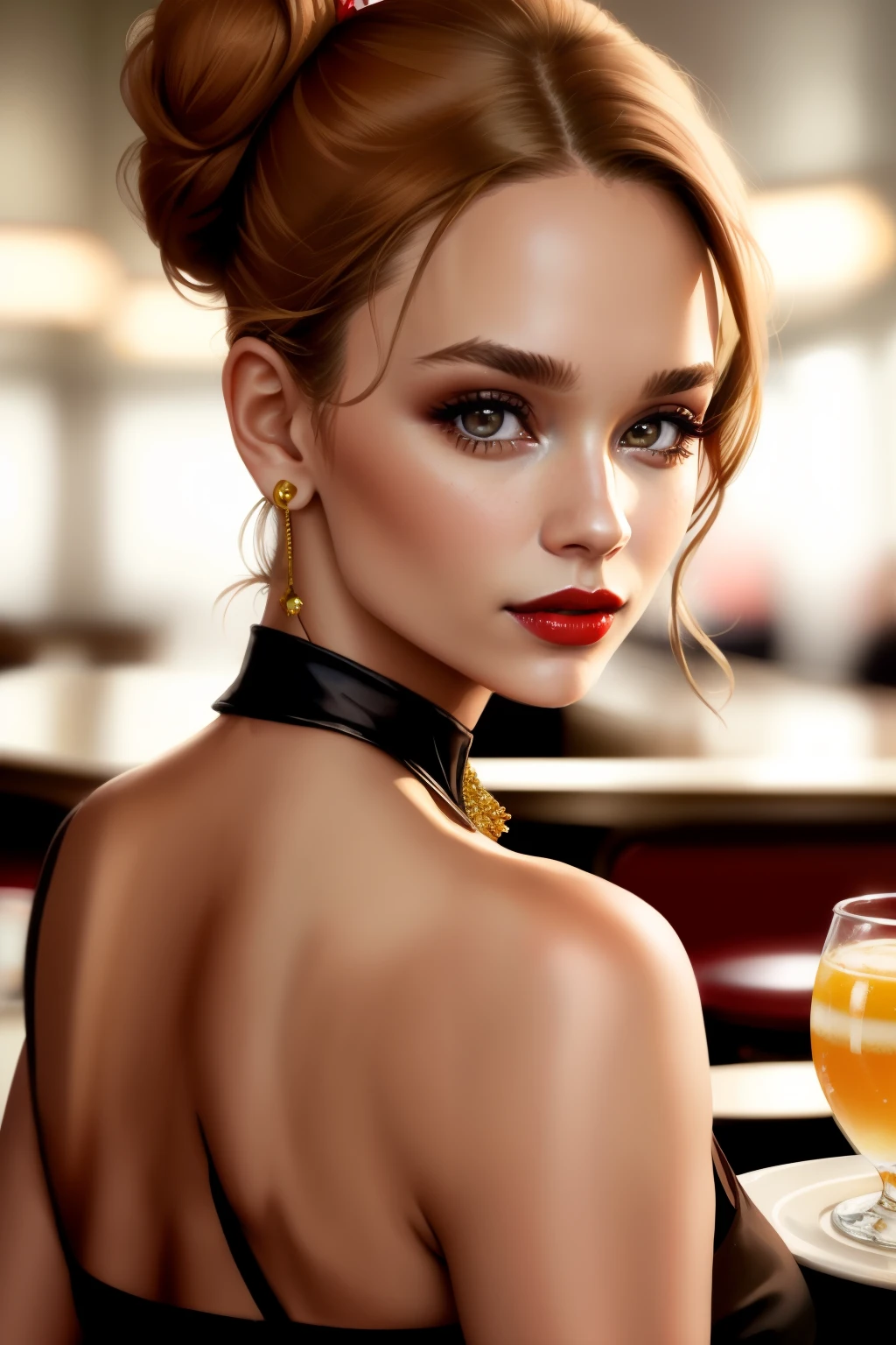 portrait photo of JoSkriver beautiful woman hair , double bun,  serving food at a diner, full red lips, (masterpiece) (best quality) (detailed) (8k) (HDR) (wallpaper) (cinematic lighting) (sharp focus) (intricate)