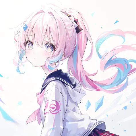 one girl, oasis, brush sticker, double ponytail, triple white, tartan,pastel pink gradient hair,, white background