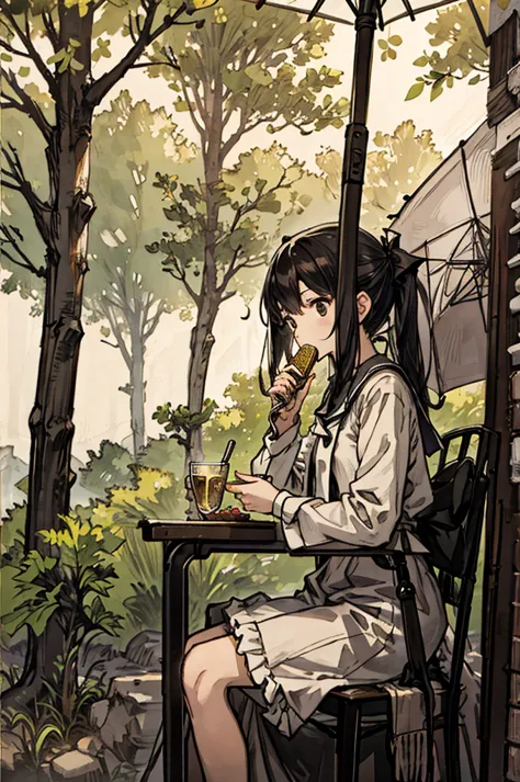 1girl, sitting eating at noon, under an umbrella. spring, seasonal style, full shot
