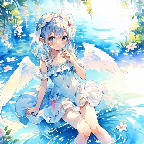Park, cute moe angel girl, calm, (healing), sitting on bench, resting, watercolor, (cute 6 year old girl), long eyelashes, attra...