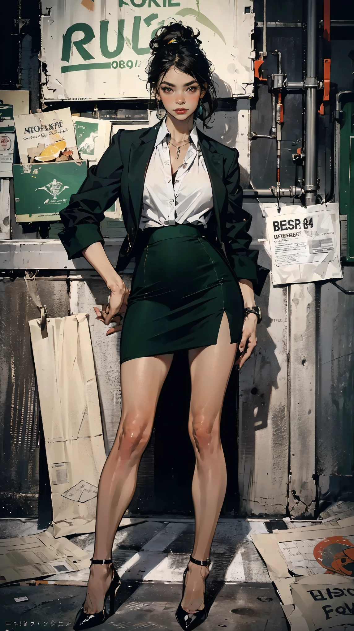 (Best quality, 4K, high resolution, masterpiece:1.2), ultra-detailed, realistic (photo-realistic:1.37), 34 years old, Japanese office lady, (wearing dark green blazer jacket over a crisp white blouse pair with dark green short pencil skirt with front-slit), black ponytail hair, black heels, perfect make up, c cup breasts, toned slim body, flat abs, hourglass body, customer welcome pose, bank background. Sharp focus on details, modern environment, striking visual impact, confidently poised, aura of professionalism, symbol of reliability, high-end lifestyle, extraordinary charisma.