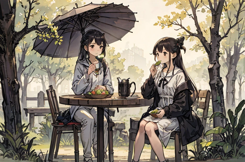 1girl, sitting eating at noon, under an umbrella. spring, cute style, full shot
