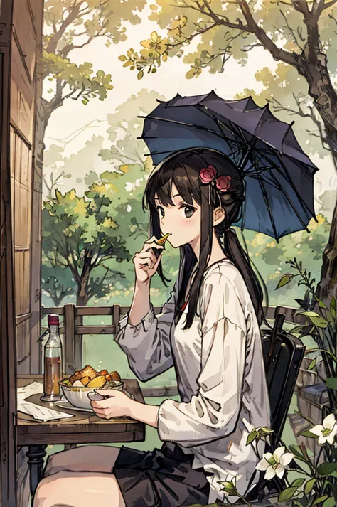 1girl, sitting eating at noon, under an umbrella. spring, cute style, full shot