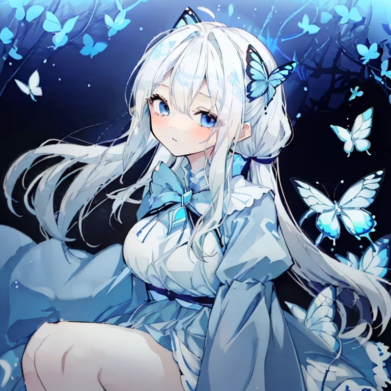 White Hair，Long Hair，ponytail，Close ~ eyes，Blue Butterfly，Blue Butterflyのドレス，Butterflies fluttering，gem，Blue Dress，beautiful，gorgeouature，Ample breasts，Fantasy，