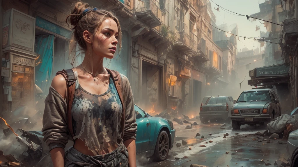 samdoesarts; award winning half body portrait of a beautiful woman in a croptop and cargo pants, military boots, standing on the street faint smile,  paint splashes, hair in a bun, splatter, outrun, vaporware,  digital art, trending on artstation, highly detailed, fine detail, intricate by Jeremy Mann, matth�us merian the elder, Pino Daeni, robert rauschenber, by beksinski