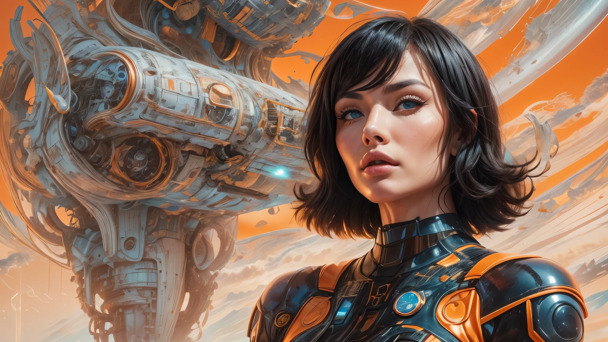 arafed image of a white woman in a futuristic suit with a spaceship in the background, movie art, in front of an orange background, inspired by Robert McGinnis, female protagonist, megastructure in the background, portrait of an ai astronaut, astronauts, an astronaut, portrait of a astronaut skeletor, perfect android girl, Highly Detailed Face and Skin Texture, Detailed Eyes, Double eyelids, perfectly detailed teeth, frank franzzeta and sakimichan  