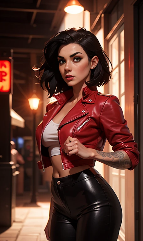 Jessica Nigri, vampire with short black hair, fair skin, wearing a red leather jacket and tight black leather pants, front view, dynamic pose, ambient lighting, photo realistic, intricate facial details, intricate hand details, highly detailed, colors vivid, cinematic, high resolution, modern Artstation - raw style