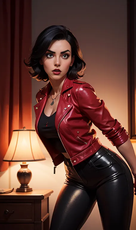Jessica Nigri, vampire with short black hair, fair skin, wearing a red leather jacket and tight black leather pants, front view,...
