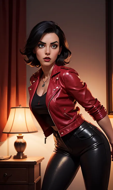 jessica nigri, vampire with short black hair, fair skin, wearing a red leather jacket and tight black leather pants, front view,...