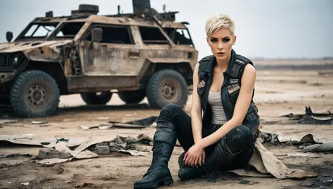 A female survivor sitting on a wrecked APC in an apocalyptic wasteland facing the viewer, right arm resting on her waist, left a...