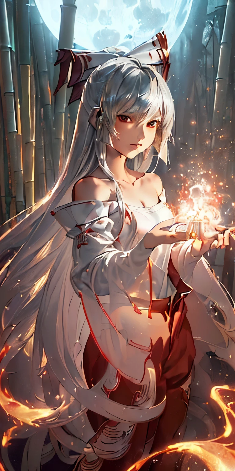 (masterpiece, best quality:1.3), (ultra detailed:1.3), (final fantasy artwork concept:1.5), (manga eyes + hair + clothes + body + face + colors + shoulders + eyes:1.3), (full body:1.3), Fujiwara no Mokou, Touhou Series, (anime, illustration:1.3), perfect face, expressive eyes, 1 girl, looking at viewer, 16 years old, beautiful, anime, lora, (silver hair, long hair, white shirt, red pants:1.3), (look evil:1.5), (fight stance:1.5), (cinematic lighting, realistic, dream-like, enchanting atmosphere:1.5), (an old japanese mansion with moonlight leaking, in bamboo forest, midnight, big full moon:1.3), (Mokou casting a spell, with hands glowing and ais-particlez emanating in a dazzling array of colors, enveloping the entire scene:1.5),