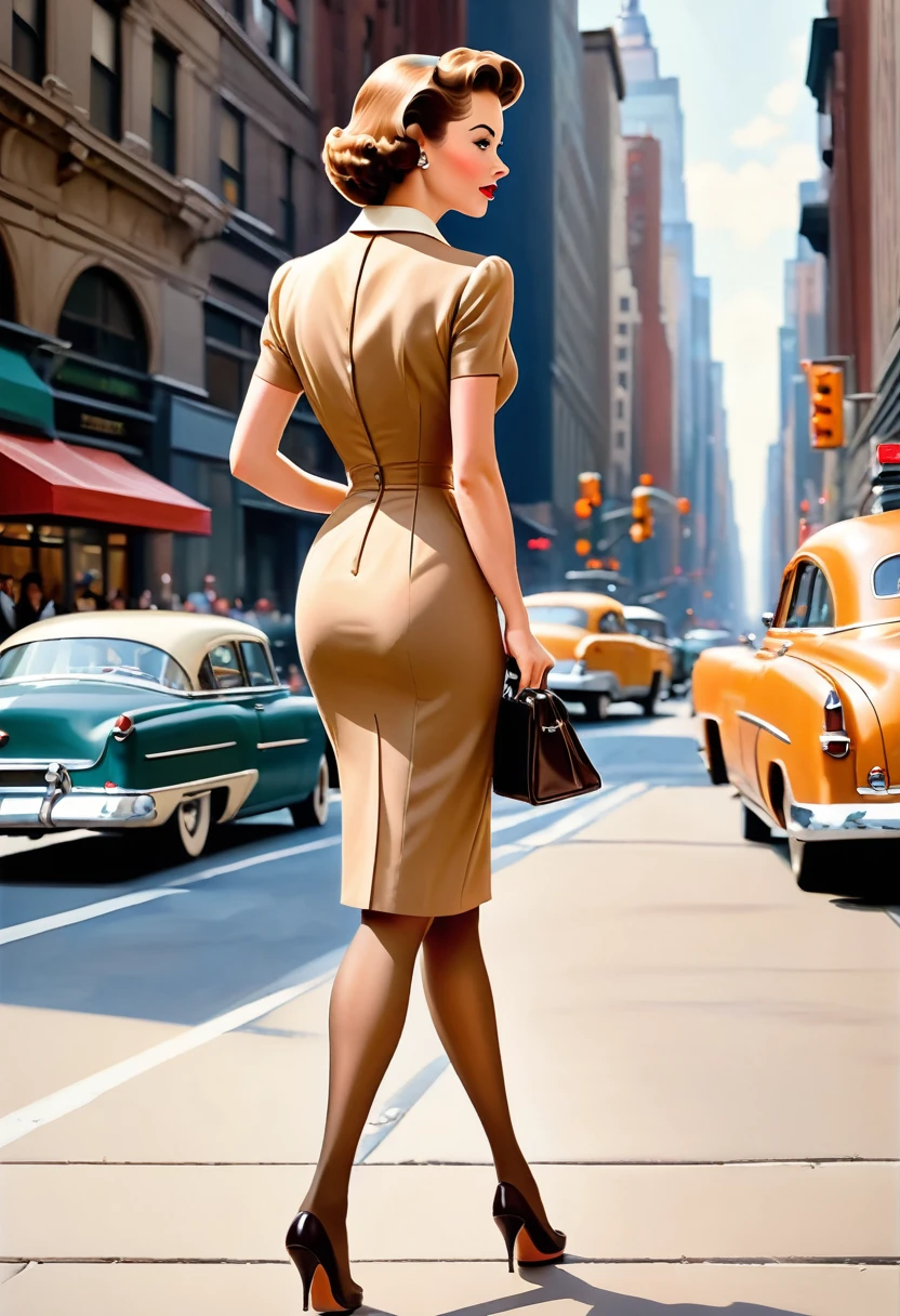 Une femme marche sur la 5ème Avenue à New York dans les années 1950. (((Elle porte une robe fourreau moulante jusqu&#39;aux mollets))), typique de l&#39;époque, ((bas longs en nylon beige avec coutures:1.4)), Sac à main. Perspective de la caméra de derrière, Ballantyne, (gros plan sur les jambes:1.5), (((350 mm,))), Style mode rétro, ancien_p_style,bronzer
