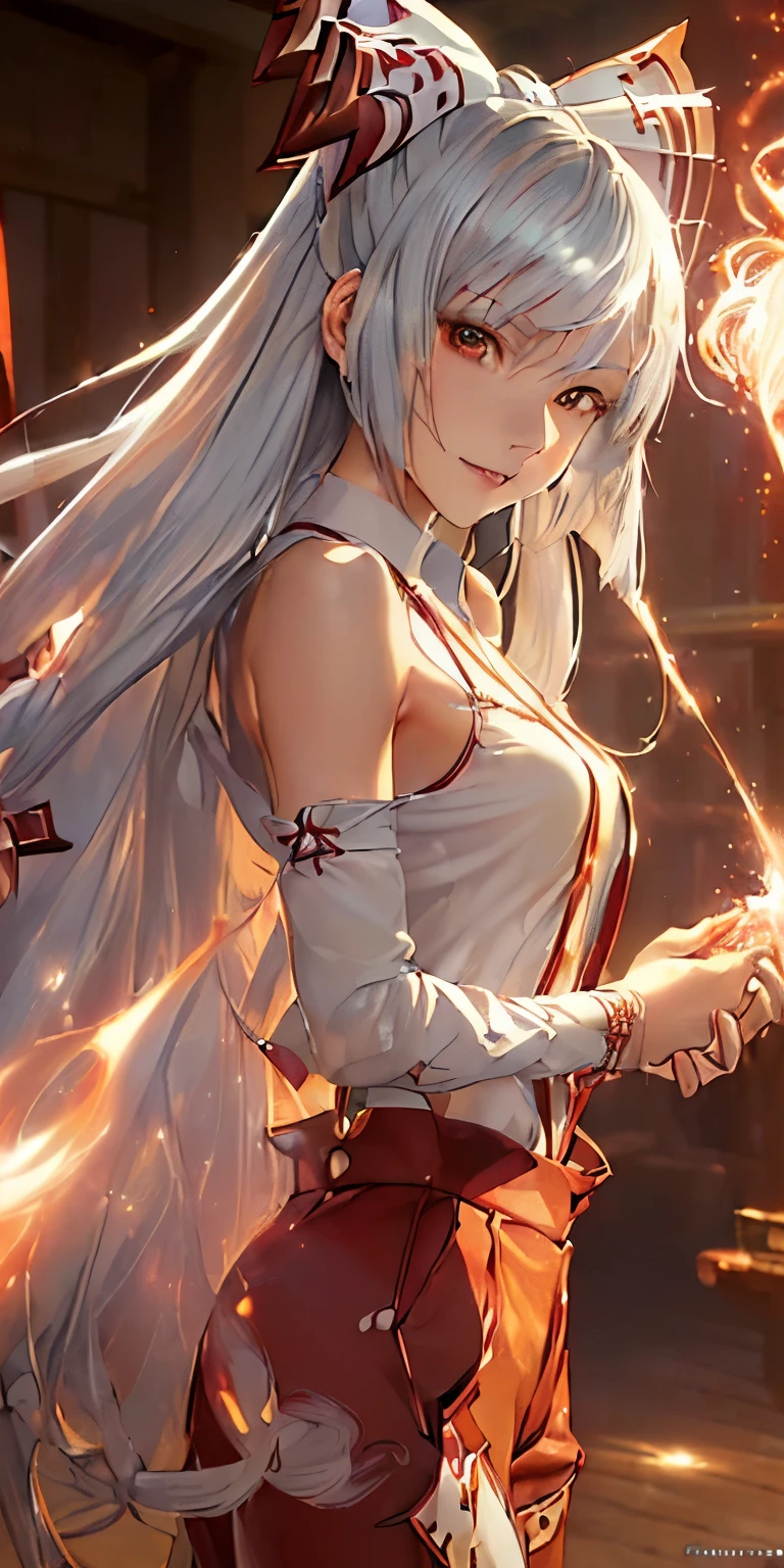 (masterpiece, best quality:1.3), (ultra detailed:1.3), (final fantasy artwork concept:1.5), (manga eyes + hair + clothes + body + face + colors + shoulders + eyes:1.3), (cinematic angle:1.3), Fujiwara no Mokou, Touhou Series, (anime, illustration:1.3), perfect face, expressive eyes, 1 girl, looking at viewer, 16 years old, beautiful, anime, lora, (silver hair, long hair, white shirt, red pants:1.3), (look evil:1.5), (fight stance:1.5), (cinematic lighting, realistic, dream-like, enchanting atmosphere:1.5), (an old japanese mansion with moonlight leaking, in bamboo forest, midnight, big full moon:1.3), (Mokou casting a spell, with hands glowing and ais-particlez emanating in a dazzling array of colors, enveloping the entire scene:1.5),