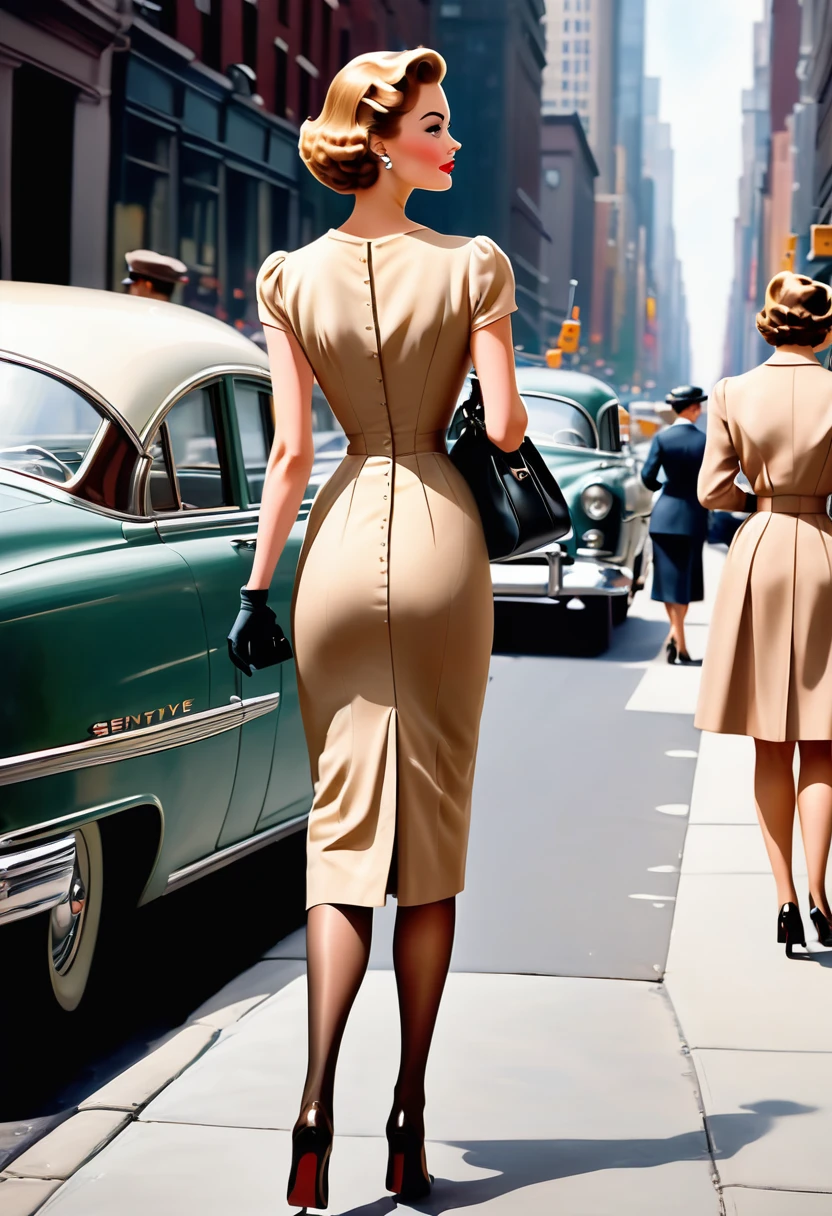 A woman walks down New York's 5th Avenue in the 1950s. (((She is wearing a tight calf-length sheath dress))), typical of the time, ((long tan nylon stockings with seams:1.4)), handbag. Camera perspective from behind, Ballantyne, (close up legs:1.5), (((350mm,))), Retro Fashion style, vintage_p_style,Tan
