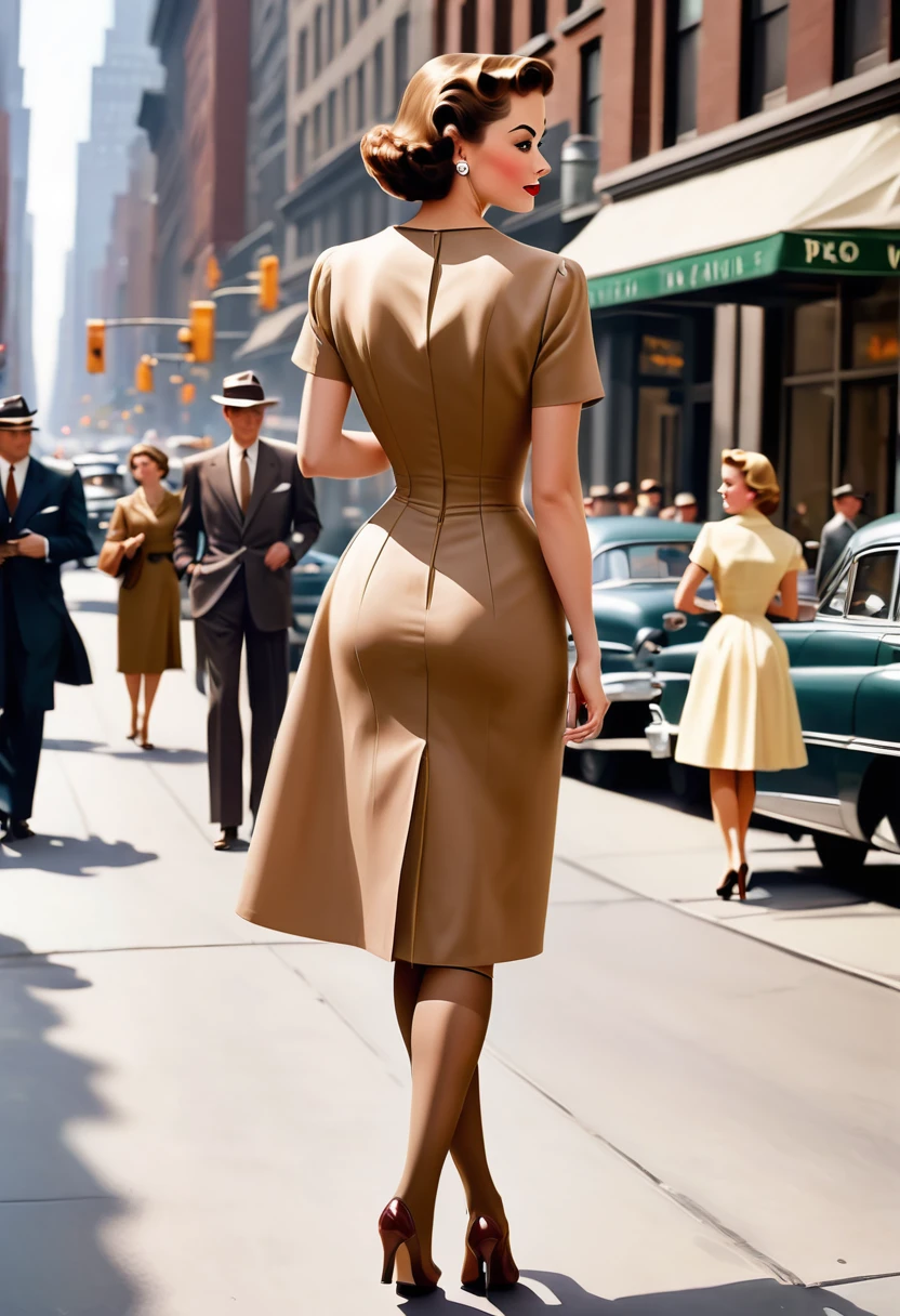 Eine Frau geht in den 1950er Jahren die 5th Avenue in New York entlang. (((Sie trägt ein enges, wadenlanges Etuikleid))), tyPical of the time, ((lange hellbraune Nylonstrümpfe mit Nähten:1.4)), Handtasche. Camera PersPective from behind, Ballantyne, (close uP legs:1.5), (((350mm,))), Retro Fashion Stil, Jahrgang_P_Stil,bräunen
