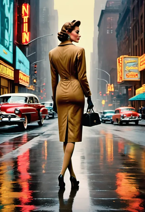 a woman walks down new york's 5th avenue in the 1950s. (((she is wearing a tight calf-length sheath dress))), typical of the tim...