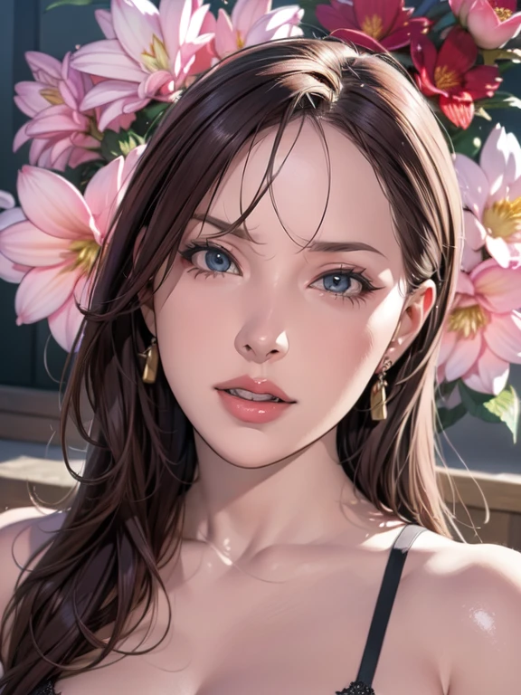 (best quality,highres,ultra-detailed),(photorealistic:1.37) A woman with a scowling expression, mouth wide open, showing clenched teeth, (beautiful detailed eyes,beautiful detailed lips). (Professional:1.2) A portrait created with oil painting, (extreme detail description,stunning details). (Vivid colors,sharp focus) The woman has long, flowing hair with bright colors. She is wearing a stylish outfit that reflects her rebellious personality. The background is a vibrant garden filled with blooming flowers. The lighting is soft and diffused, creating a warm and inviting atmosphere.