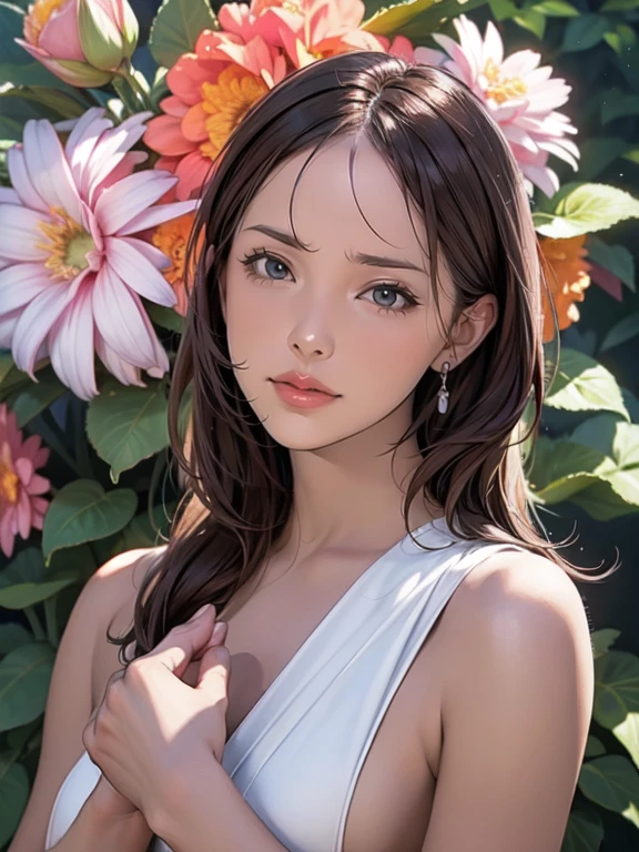 Portrait of a woman with a frown, detailed eyes and face, intense expression, longeyelashes, in a garden setting, wearing a flowy dress, surrounded by blooming flowers. The artwork is a medium oil painting, created with vibrant colors and vivid brushstrokes. The image quality is of the best quality and high resolution (4k, 8k, masterpiece:1.2), capturing ultra-detailed features and a photorealistic representation. The color palette is rich and warm, with an emphasis on earthy tones and a subtle play of light and shadow. The lighting is natural and soft, casting a gentle glow on the subject, highlighting her emotions and creating a serene atmosphere.