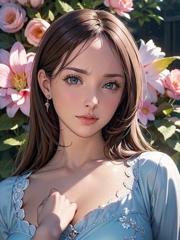 Portrait of a woman with a frown, detailed eyes and face, intense expression, longeyelashes, in a garden setting, wearing a flowy dress, surrounded by blooming flowers. The artwork is a medium oil painting, created with vibrant colors and vivid brushstrokes. The image quality is of the best quality and high resolution (4k, 8k, masterpiece:1.2), capturing ultra-detailed features and a photorealistic representation. The color palette is rich and warm, with an emphasis on earthy tones and a subtle play of light and shadow. The lighting is natural and soft, casting a gentle glow on the subject, highlighting her emotions and creating a serene atmosphere.