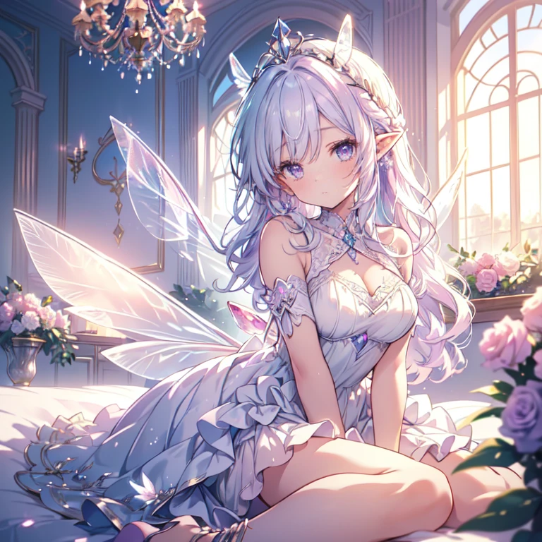 (highest quality, Very detailed, beautiful, Exquisite, 16k, Full HD), Overlooking,(Lie on your back in bed),((A soft, sparkling layered dress)),A large and beautiful dress inspired by rose flowers, Hanabubuki,The screen is surrounded by flowers,Frills,Decorated with rhinestones、Ball gown with intricate waves,(Art Station, Fantasy art:1.2), pastel colour,((Giant white fairy wings:1.5)),(Gradient Hair, Light blue hair, Wavy Hair,Fluffy hair,tiara,anklet,Lavender eyes, Long eyelashes, beautiful purple eyes,Cheeks are pale pink,Pointy Ears,Fluffy),Dazzling Light, Warm lighting,Bright light,Romantic light