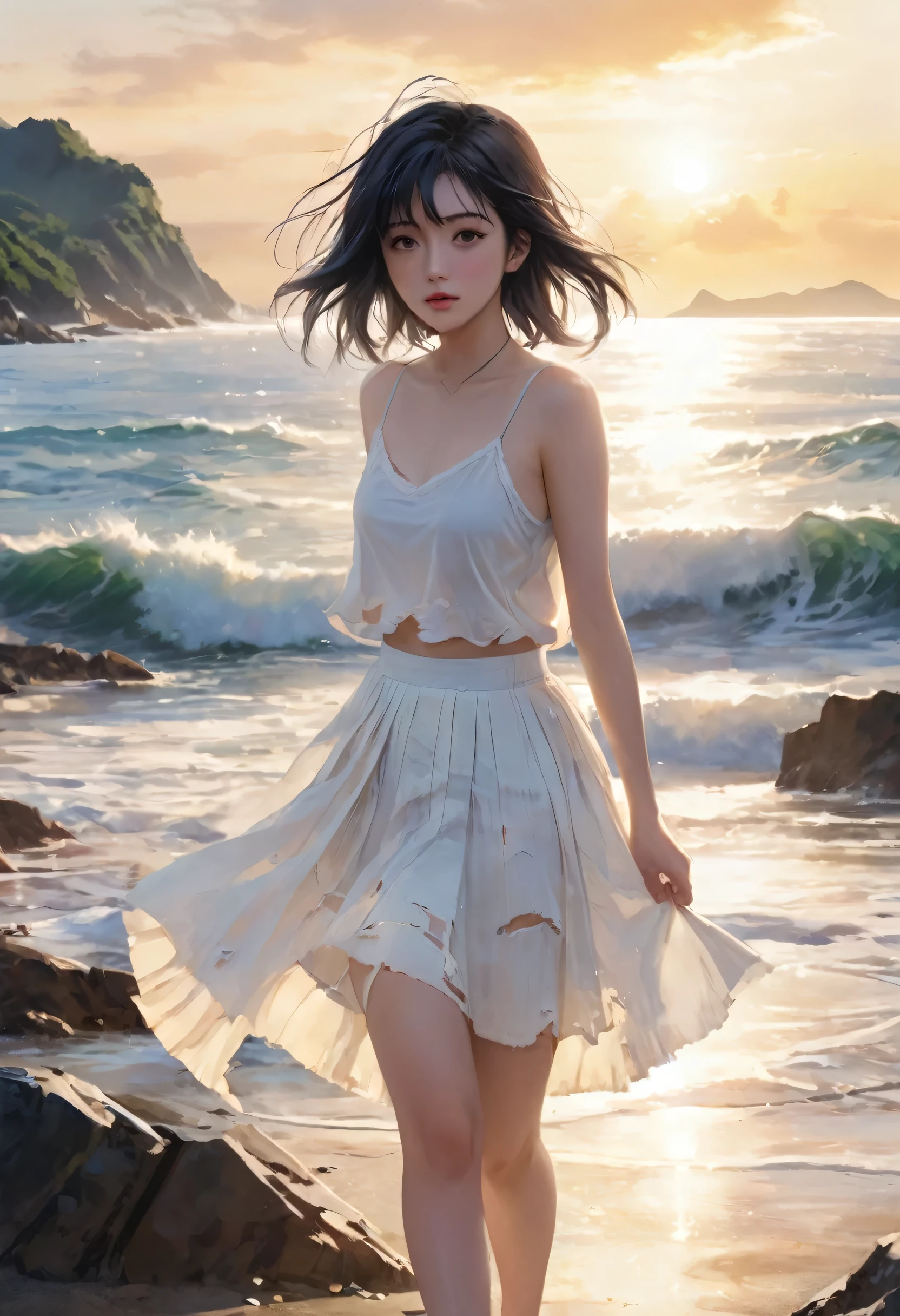 (highest quality, 4K. photograph, Fine:1.4), (Half naked and dirty Japanese girl:1.3), 18-year-old, Drifting Girl, Distressed Girl, very cute, Seaside, Ragged black hair, In rags, A dirty and tattered short white pleated skirt, Very beautiful:1.2, I can see her thighs, Covered in scars, Half naked, A tattered and torn white camisole, covering one&#39;s chest with one&#39;s arms, Embarrassed and crying, Sleeveless, 裂けてI can see her thighs白いプリーツスカート:1.2, Beggar-like appearance, Muddy&#39;s Shoes, Walking while crying, Deserted Island, Washed ashore, Feeling embarrassed, Belly button, The whole body is dirty, A badly ripped white camisole, Like a wild , White shoes, Muddy, Tattered clothes, A badly torn white pleated skirt, barefoot