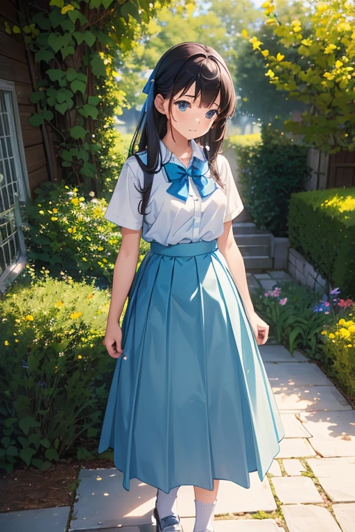 girl, student, 15 years old, Wearing a uniform, Light blue skirt, Long skirt, small bow, small bow, garden, nature, nature garden, anime, anime movie