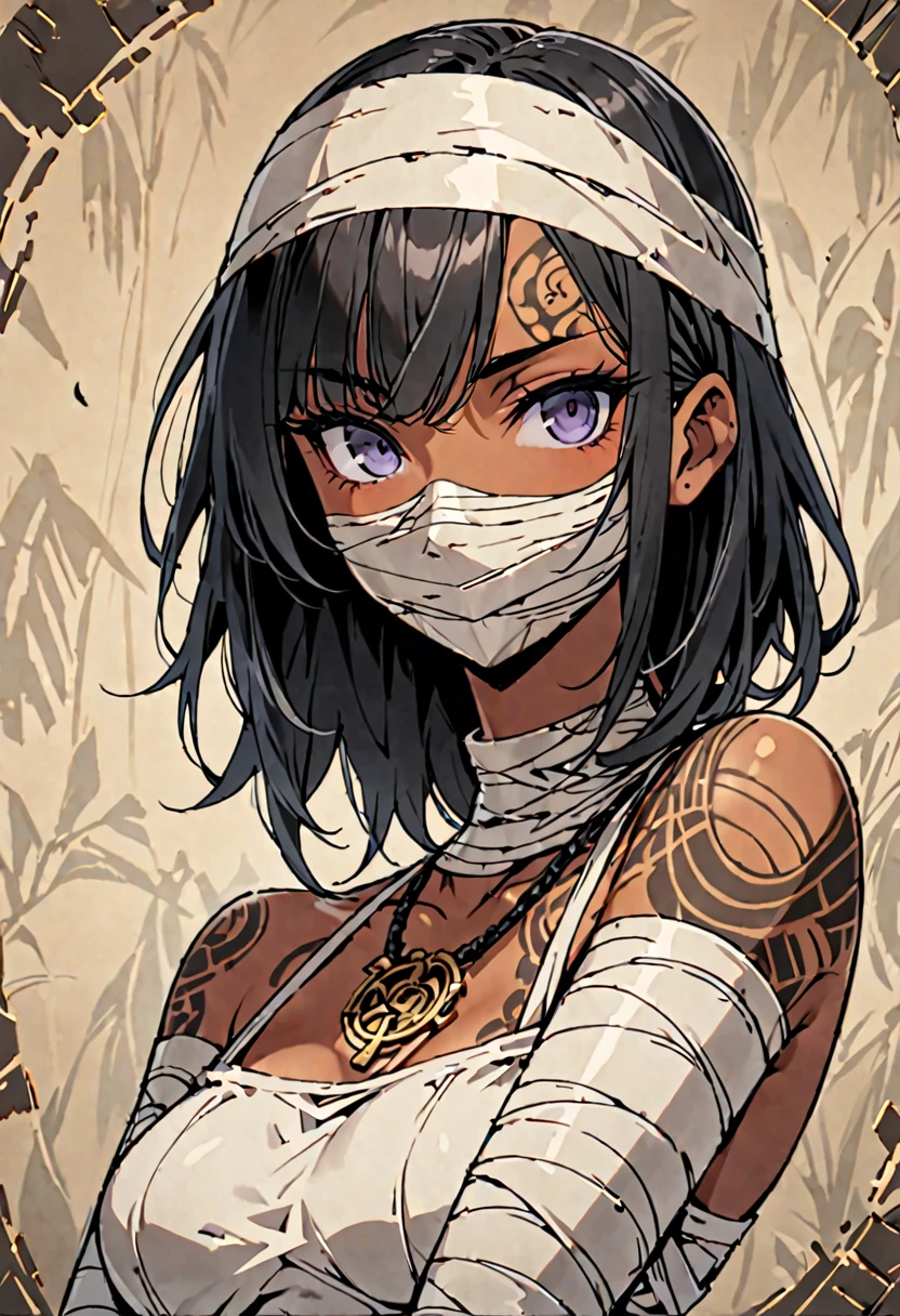 solo, female, mummified, tan skin, long black hair:1.2, bandaged body:1.2, round_sunglasses:1.1, tiny_black_sunglasses:1.7, bandaged_arms:1.6, bandaged_torso:1.2, bandaged_neck:1, bandaged_head:1.2, ancient, SFW, sunglasses_on_nose:1.2, smile, face