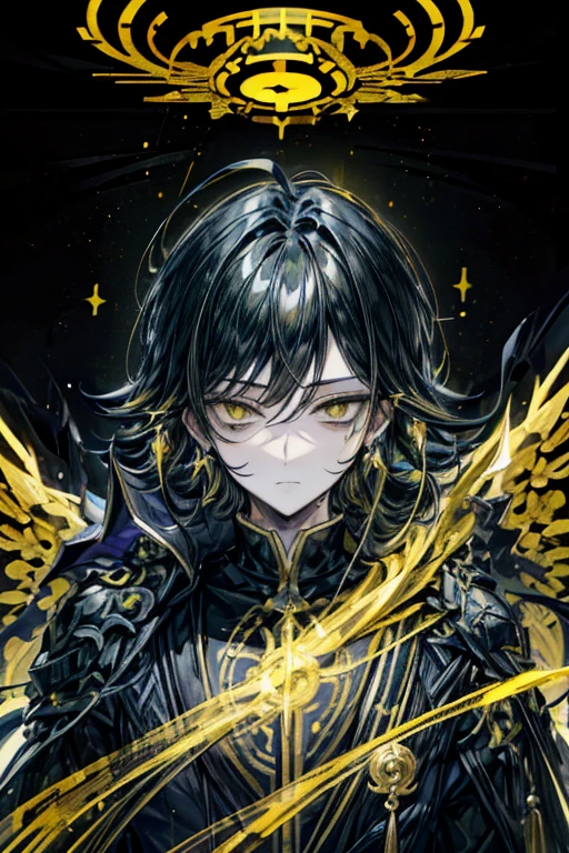 (masterpiece, best quality, perfect face, expressive eyes), 1boy, (anime), (male), (adult), black hair, yellow gradient hair, yellow eyes, black merchant clothes, gold earrings, gold jewelry, pendant, bags under eyes, glowing yellow wings, dream magic, glowing yellow crown,