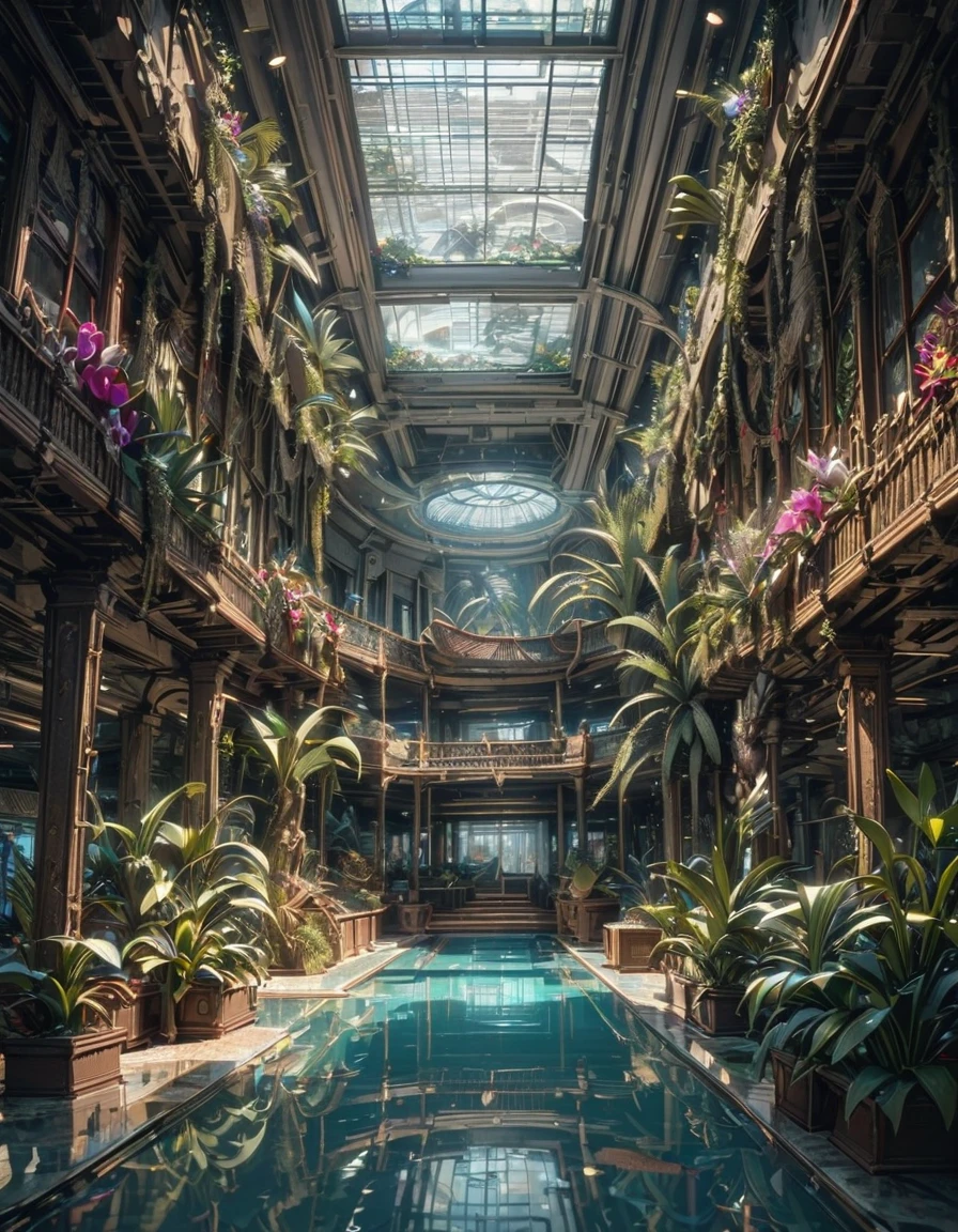 Huge fantasy abandoned mall, Flooded floors, Glass ceiling, Upper floor observation deck with balustrade, wood, ブドウのwood, orchid, Bromeliad, palm wood, Decorations, Golden, Many plants, Tropical plants, Marble wall, Dynamic Light, 8k, masterpiece, 超detailed, beautiful., BREAK,(highest quality、masterpiece、High resolution、detailed)、animeスタイル、Flat Style、anime、Anaglyph, Stereogram,