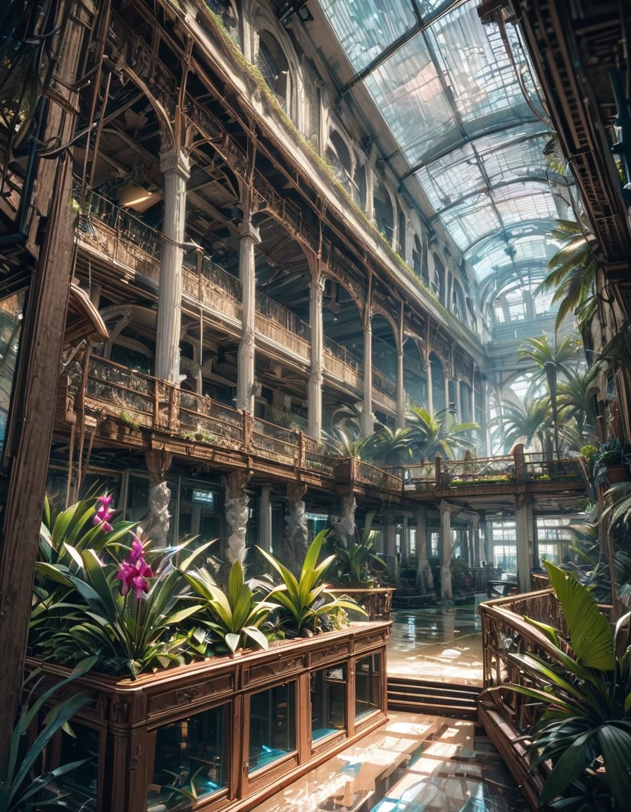 Huge fantasy abandoned mall, Flooded floors, Glass ceiling, Upper floor observation deck with balustrade, wood, ブドウのwood, orchid, Bromeliad, palm wood, Decorations, Golden, Many plants, Tropical plants, Marble wall, Dynamic Light, 8k, masterpiece, 超detailed, beautiful., BREAK,(highest quality、masterpiece、High resolution、detailed)、animeスタイル、Flat Style、anime、Anaglyph, Stereogram,