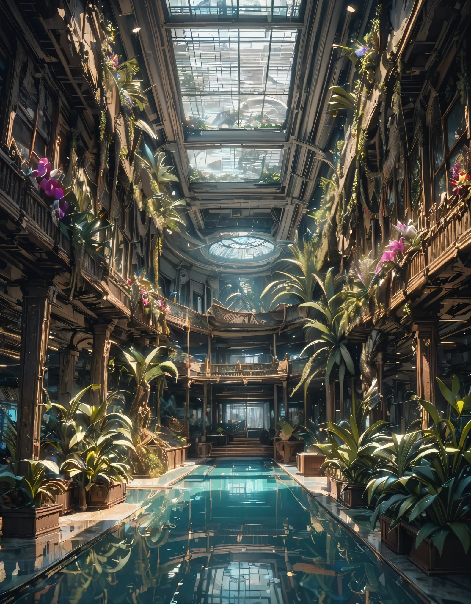 Huge fantasy abandoned mall, Flooded floors, Glass ceiling, Upper floor observation deck with balustrade, wood, ブドウのwood, orchid, Bromeliad, palm wood, Decorations, Golden, Many plants, Tropical plants, Marble wall, Dynamic Light, 8k, masterpiece, 超detailed, beautiful., BREAK,(highest quality、masterpiece、High resolution、detailed)、animeスタイル、Flat Style、anime、Anaglyph, Stereogram,