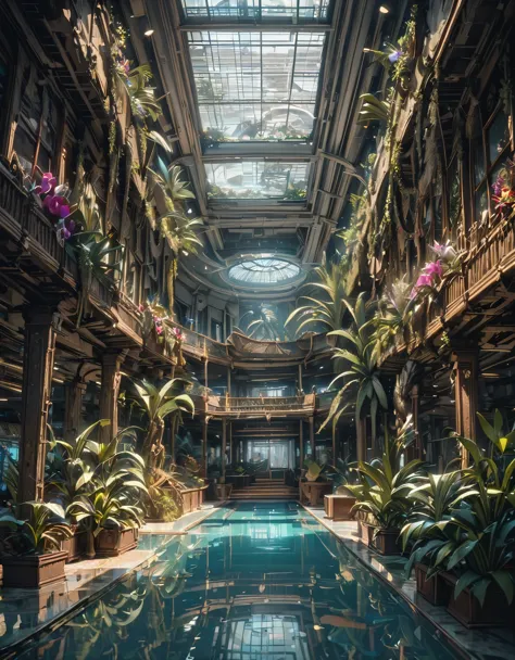 huge fantasy abandoned mall, flooded floors, glass ceiling, upper floor observation deck with balustrade, wood, ブドウのwood, orchid...