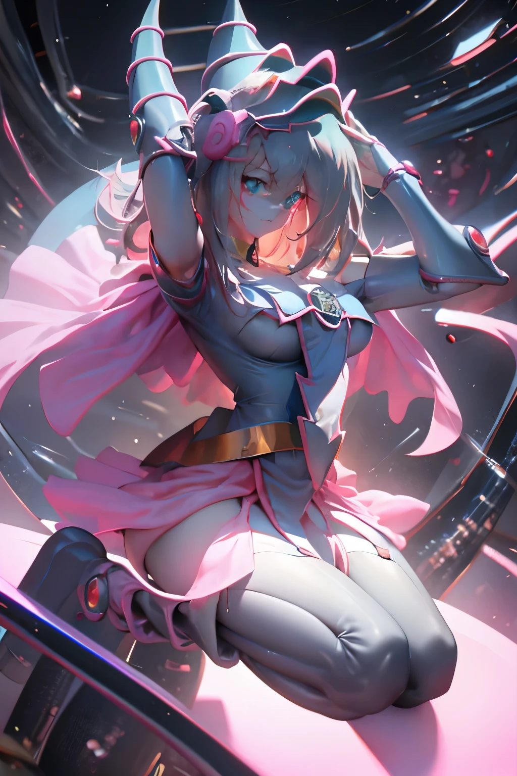 初音未來偽裝成黑魔法師吉爾斯. 性感誘人的姿勢. 魔法背景 