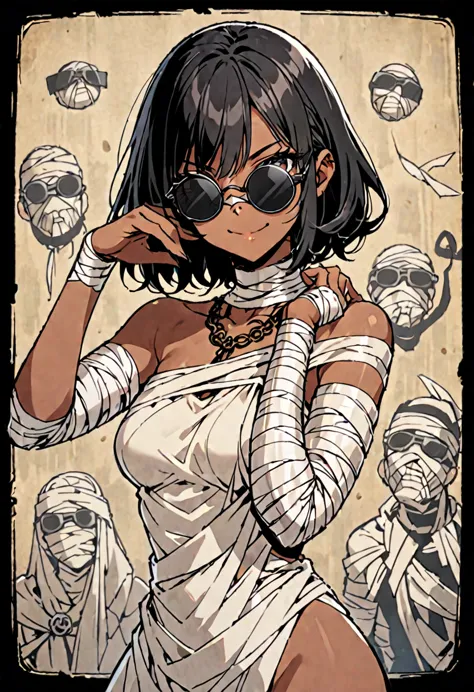 solo, female, mummified, tan skin, long black hair:1.2, bandaged body:1.2, tiny sunglasses, circular frame sunglasses, black fra...